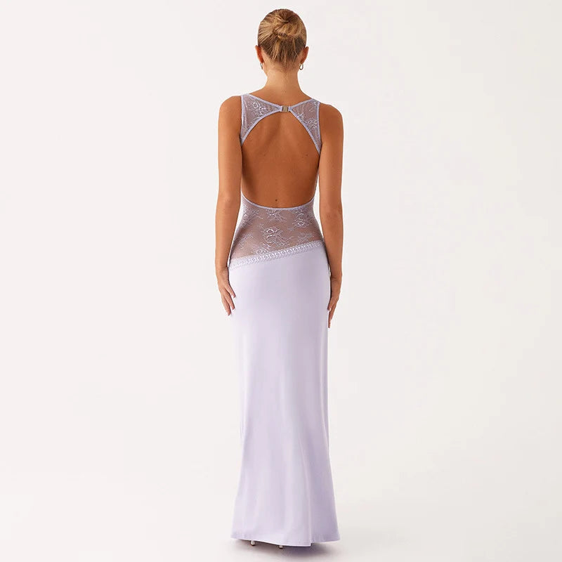 Noir Lace Halo Open-Back Maxi Dress
