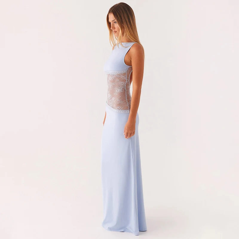 Noir Lace Halo Open-Back Maxi Dress