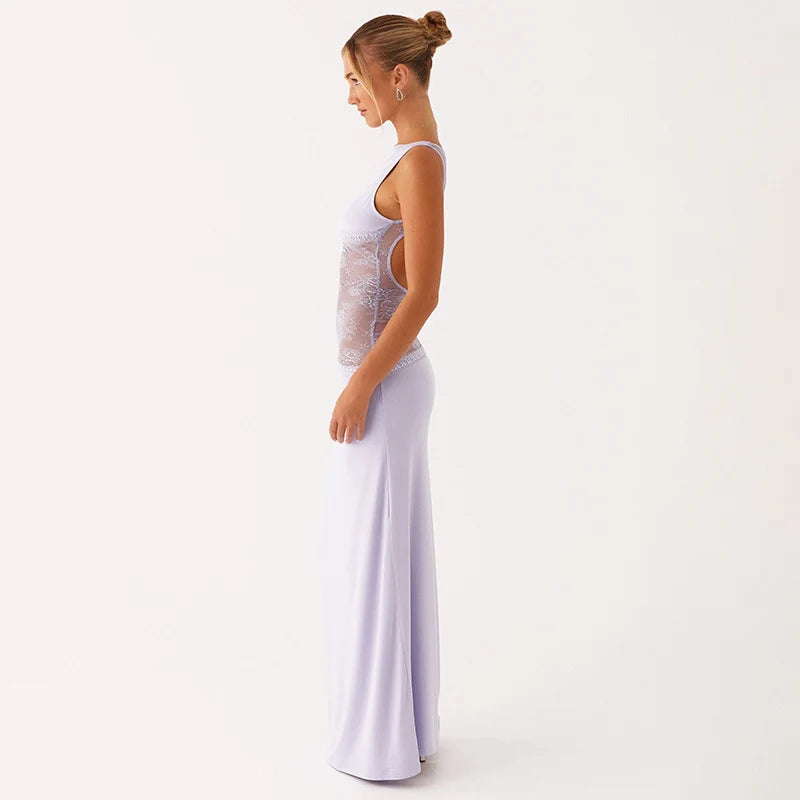 Noir Lace Halo Open-Back Maxi Dress