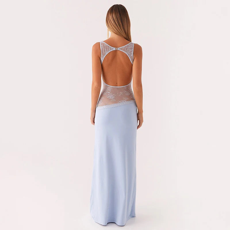 Noir Lace Halo Open-Back Maxi Dress