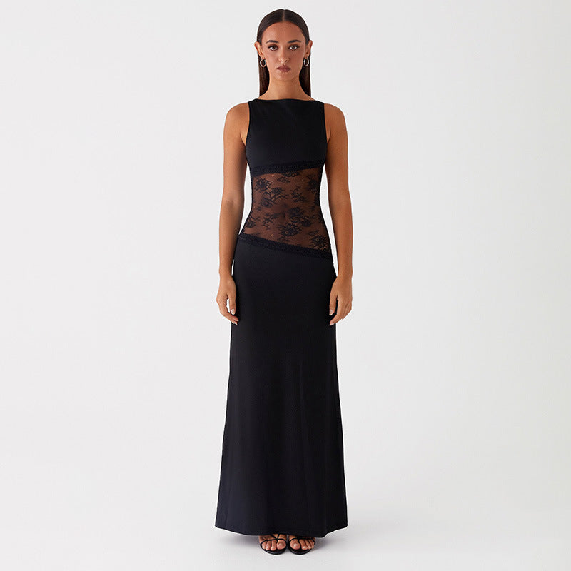 Noir Lace Halo Open-Back Maxi Dress