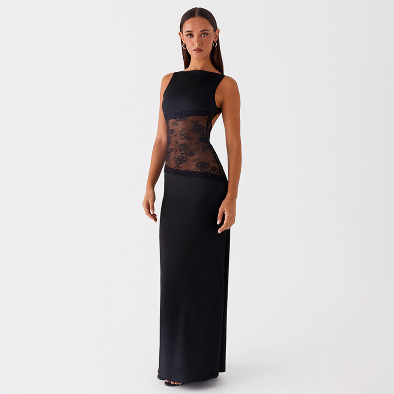 Noir Lace Halo Open-Back Maxi Dress