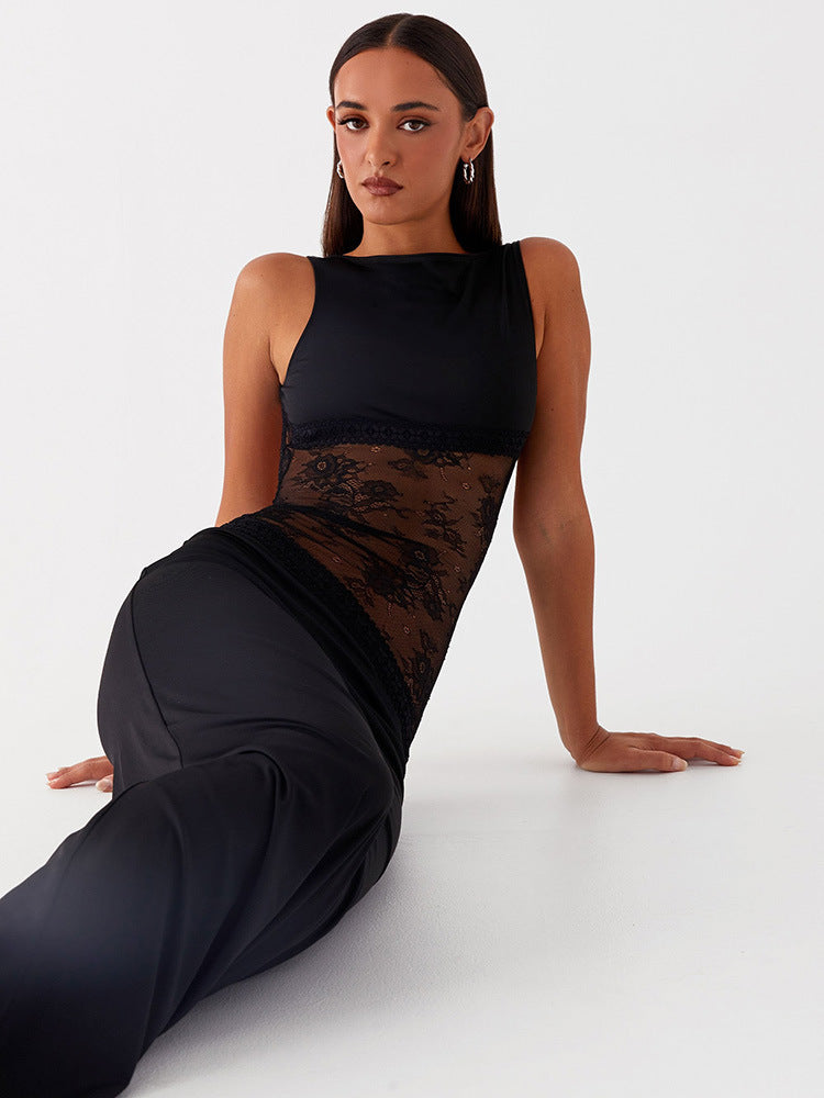 Noir Lace Halo Open-Back Maxi Dress