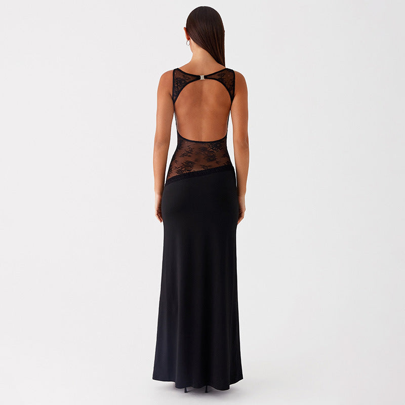Noir Lace Halo Open-Back Maxi Dress