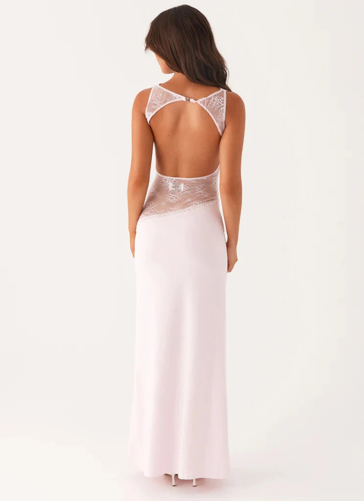 Noir Lace Halo Open-Back Maxi Dress