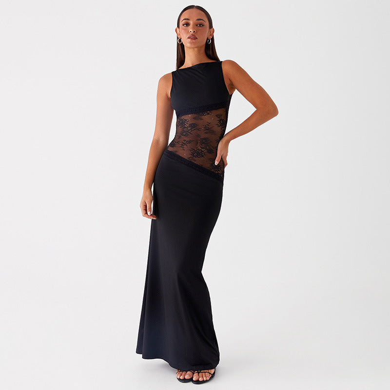 Noir Lace Halo Open-Back Maxi Dress