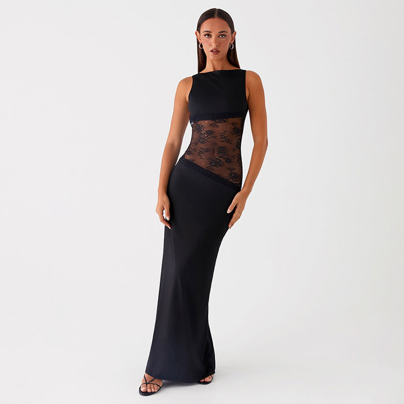 Noir Lace Halo Open-Back Maxi Dress